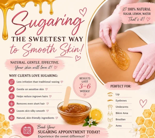 Sugaring a great natural alternative to waxing. We use a sugar paste not a sugar wax.